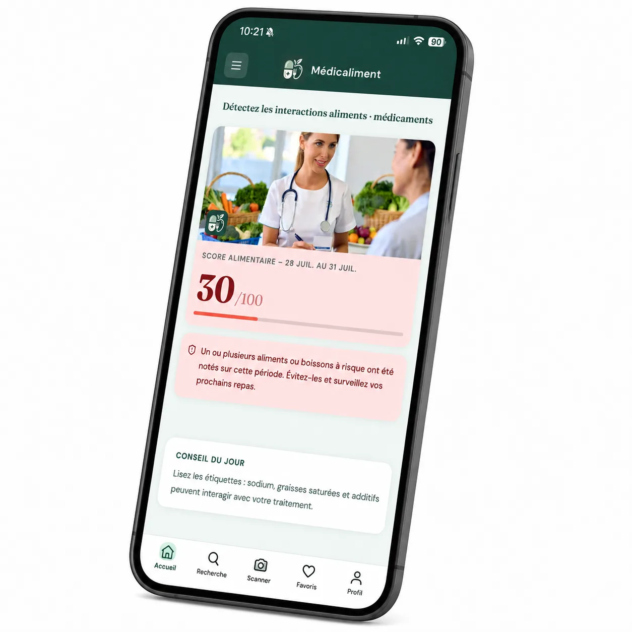 Écran Médicaliment affichant le score alimentaire